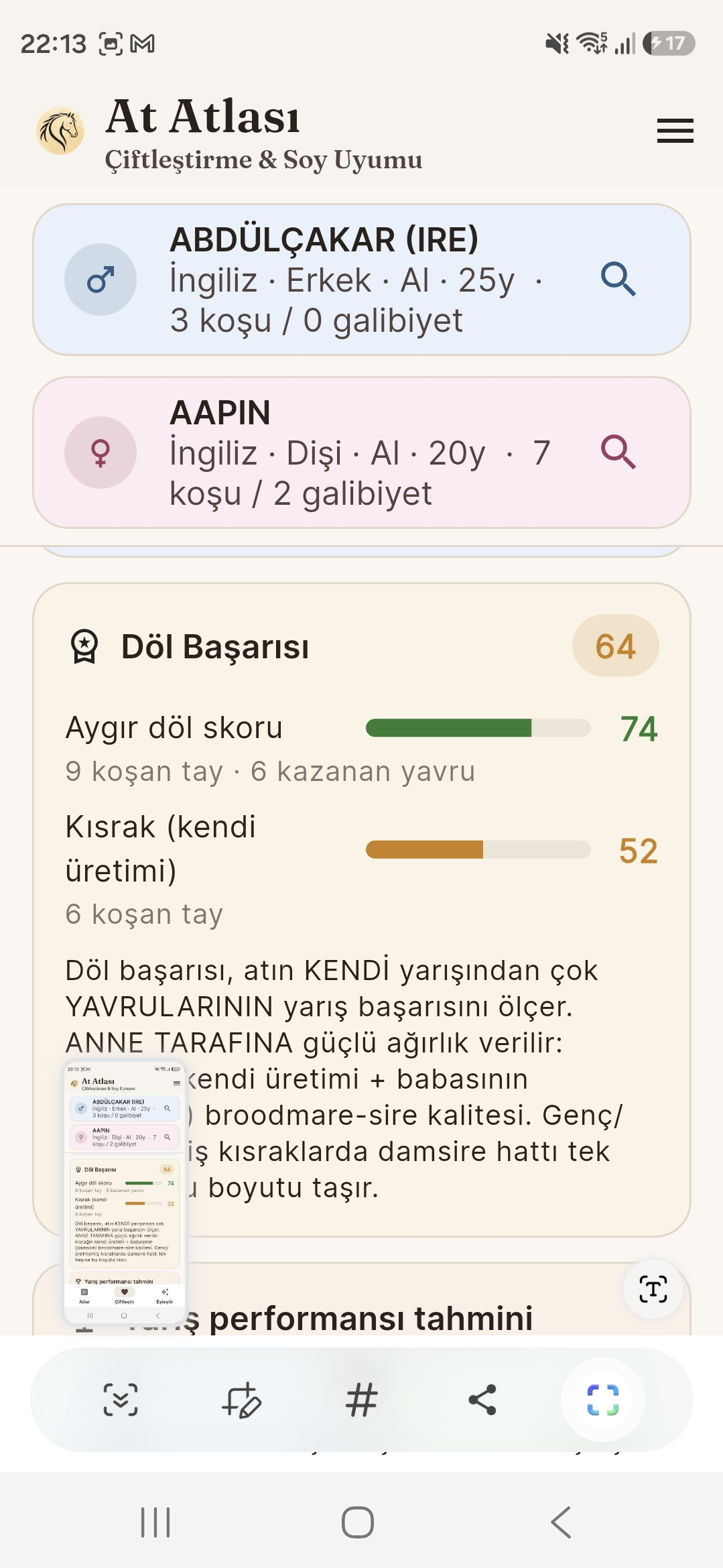 Döl başarısı ekranı