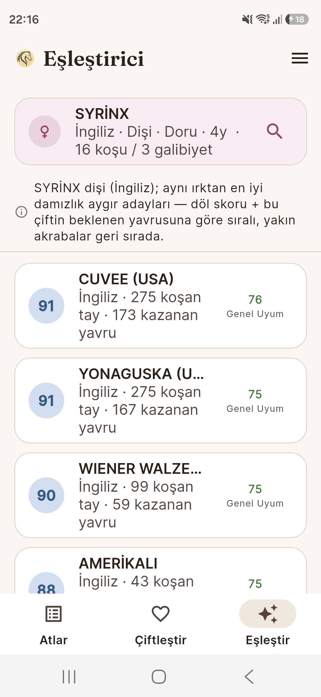 Eşleştirici aday listesi ekranı